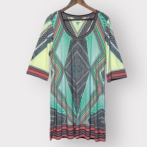 Calvin Klein Shift Dress Women Size L Green Multi BOHO 3/4‎ Sleeve Scoop Neck